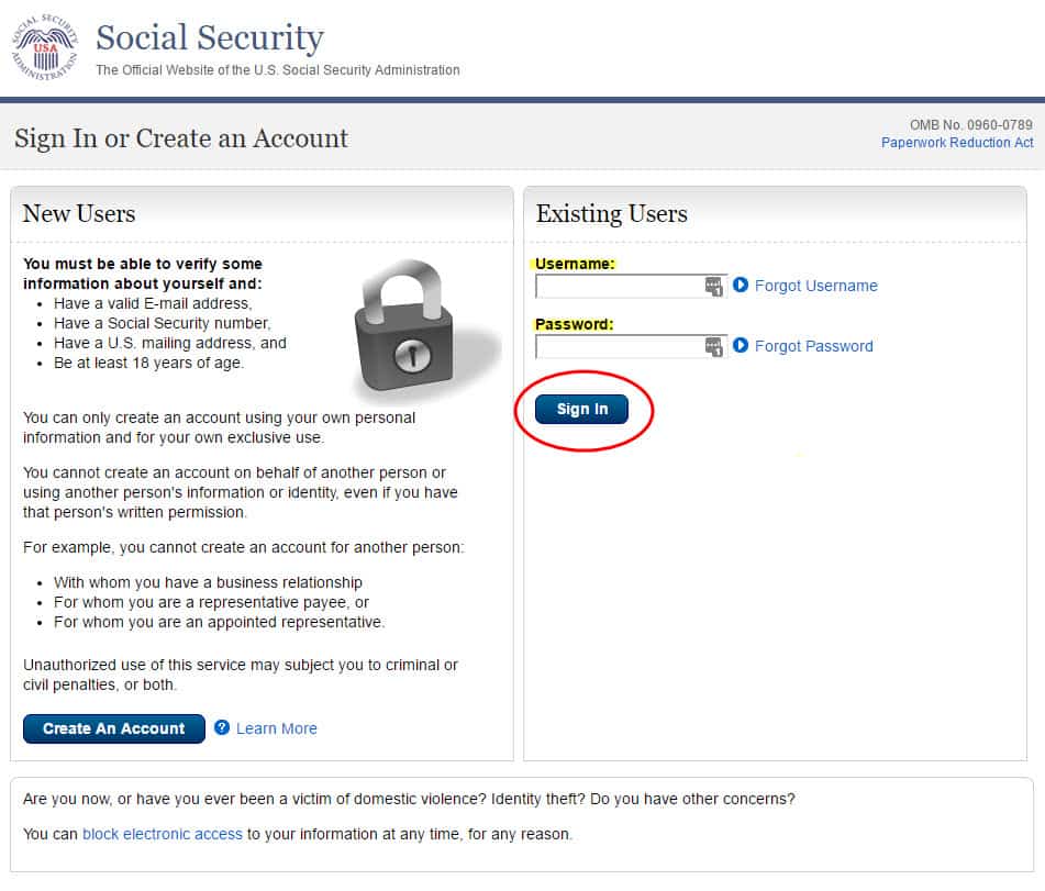 social security online username and password page