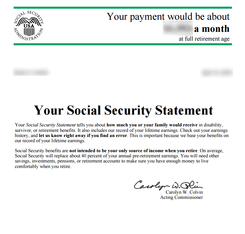 social security benefits statement example
